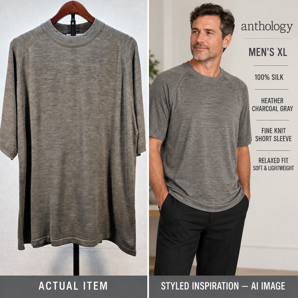 Anthology 100% Silk Short Sleeve Gray Fine Knit Crewneck Sweater Shirt XL NWOT